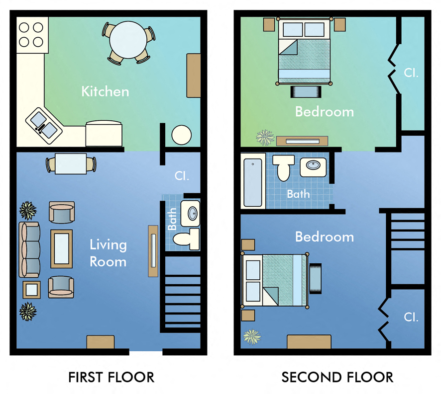 Floor plan for 2 beds, 1.5 baths, 822 sqft